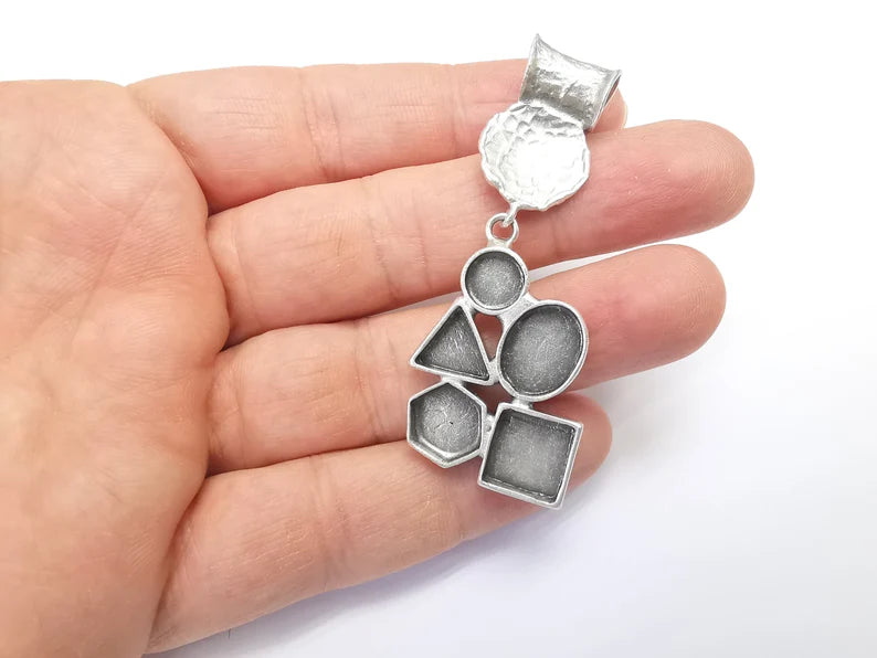 Geometric Pendant Blank Resin Bezel Mounting Cabochon Base Setting Antique Silver Plated Brass (63x25mm Blank) G34709