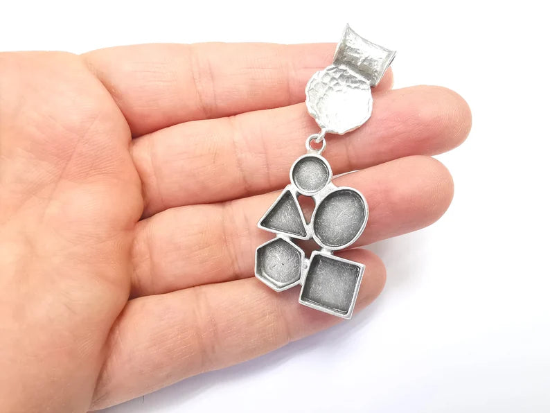 Geometric Pendant Blank Resin Bezel Mounting Cabochon Base Setting Antique Silver Plated Brass (63x25mm Blank) G34709