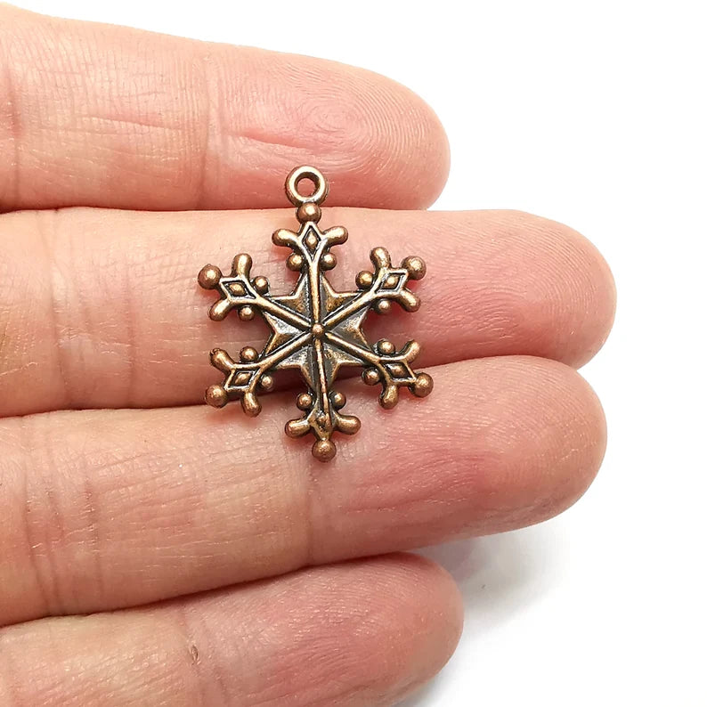 2 Snow Flake Charms, Antique Copper Plated Dangle Charms (28x21mm) G34717