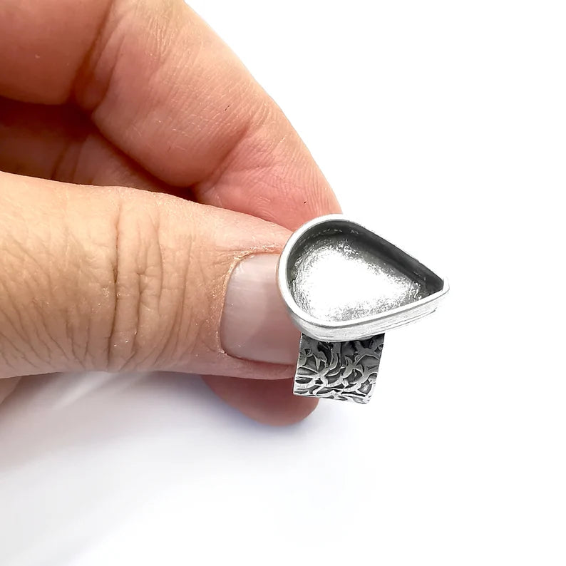 Drop Pear Ring Blank Settings, Cabochon Mounting, Adjustable Antique Silver Resin Ring Base Bezel, Inlay Mosaic Epoxy (18x13mm) G34719