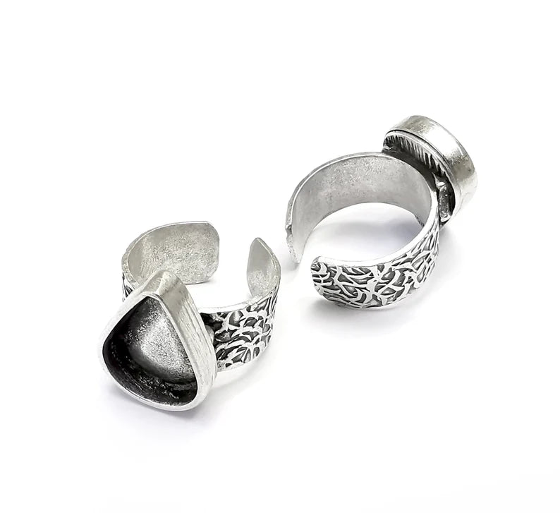 Drop Pear Ring Blank Settings, Cabochon Mounting, Adjustable Antique Silver Resin Ring Base Bezel, Inlay Mosaic Epoxy (18x13mm) G34719