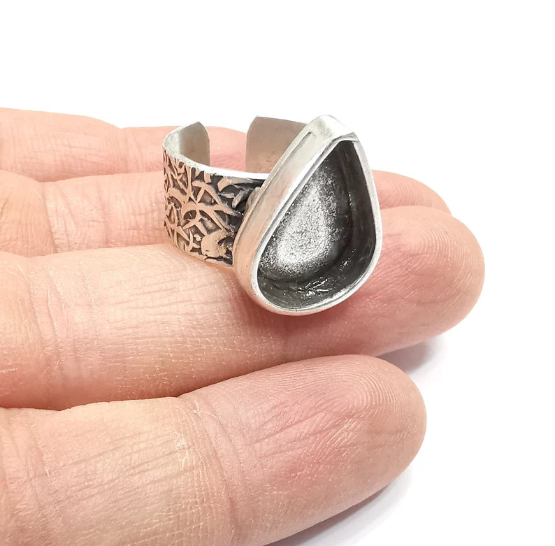 Drop Pear Ring Blank Settings, Cabochon Mounting, Adjustable Antique Silver Resin Ring Base Bezel, Inlay Mosaic Epoxy (18x13mm) G34719