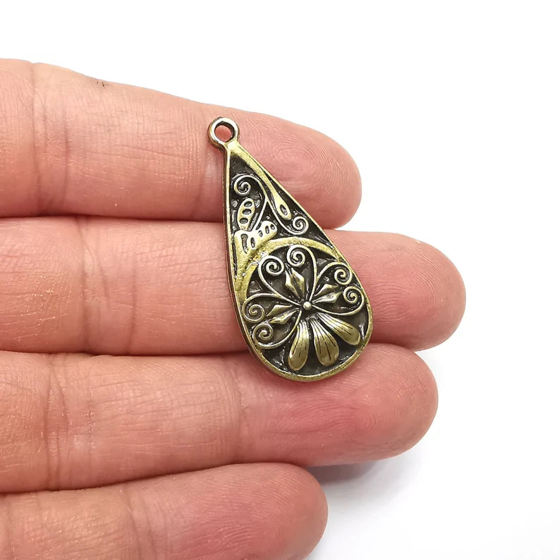 Flower, Drop Charms Antique Bronze Plated Charms (39x18mm) G34821