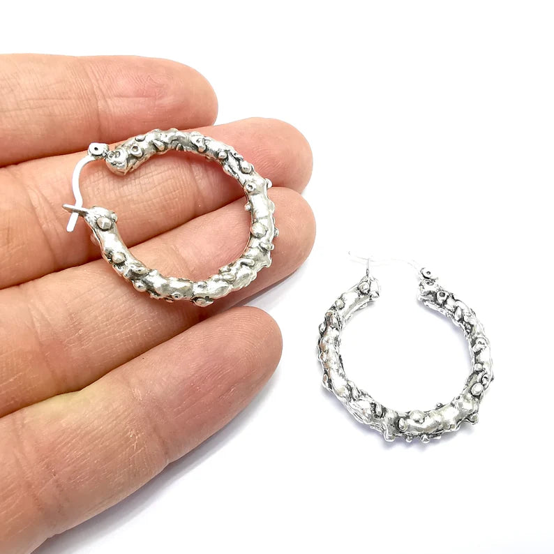 Organic Silver Hoop Earrings, Antique Silver Plated Hoop Earring, Findings (31mm) G34722