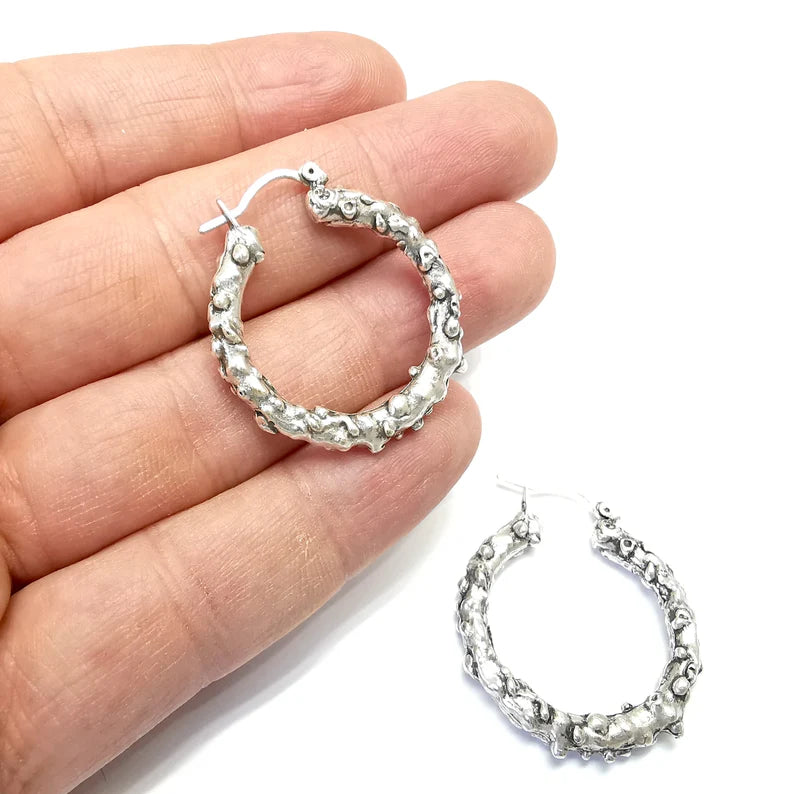 Organic Silver Hoop Earrings, Antique Silver Plated Hoop Earring, Findings (31mm) G34722