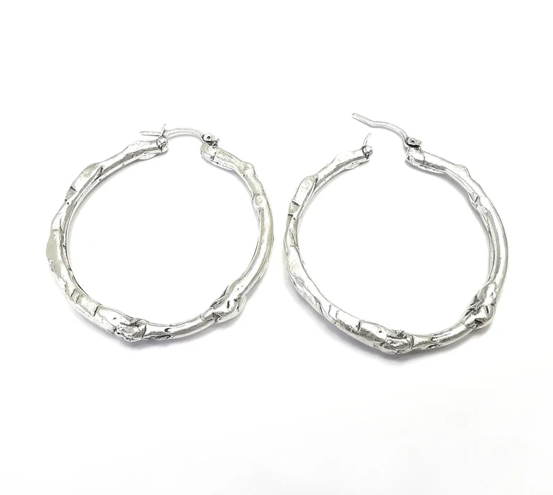 Organic Silver Hoop Earrings, Antique Silver Plated Hoop Earring, Findings (45mm) 1 Pair G34723