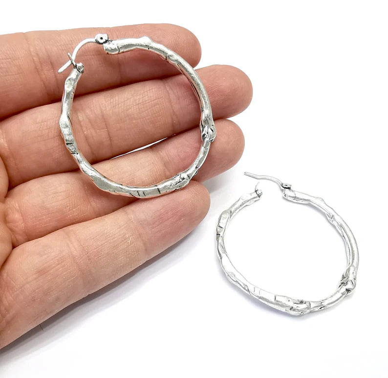Organic Silver Hoop Earrings, Antique Silver Plated Hoop Earring, Findings (45mm) 1 Pair G34723