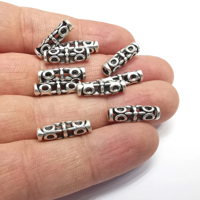 5 Cylinder Filigree Tube Beads Antique Silver Plated Metal Beads (18x5mm) G34724