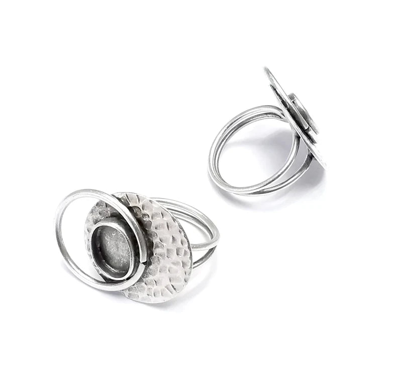 Hammered Oval Ring Setting Resin Ring Blank Cabochon Mounting Adjustable Ring Base Bezel Antique Silver Plated Brass (11x8mm) G34730