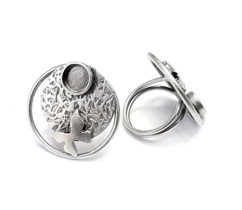 Butterfly Round Ring Setting Resin Ring Blank Cabochon Mounting Adjustable Ring Base Bezel Antique Silver Plated Brass (8mm) G34731