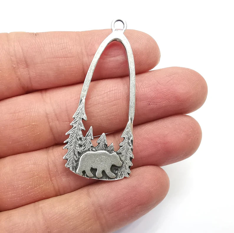 Polar Bear Charms, Bear Forest Charms, Antique Silver Plated Charms (54x24mm) G34833