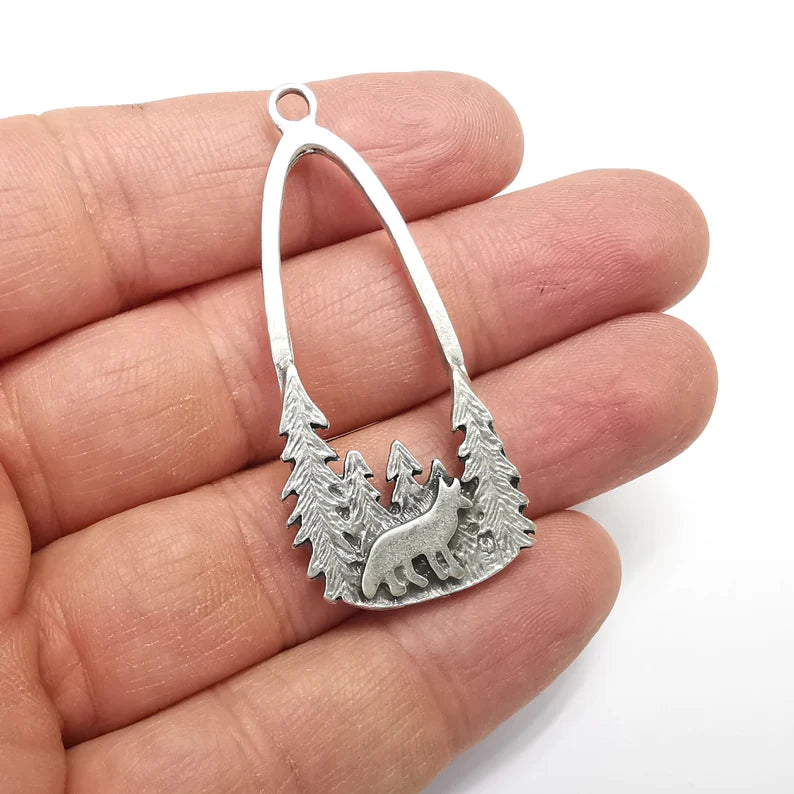 Fox Charms, Wolf Charms, Forest Charms, Antique Silver Plated Charms (54x24mm) G34834