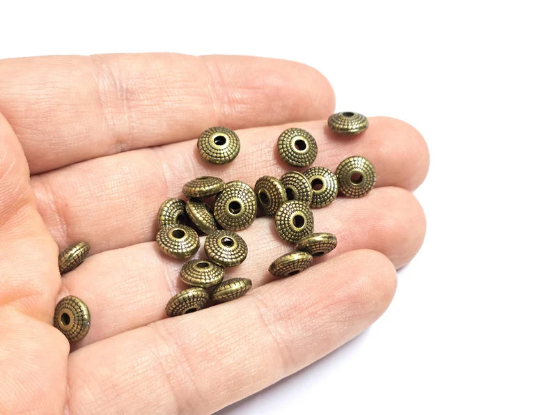 10 Saucer Beads, Bronze Beads, Bracelet Rondelle Beads, Dotted Beads, Necklace Beads, Antique Bronze Plated Metal 7mm