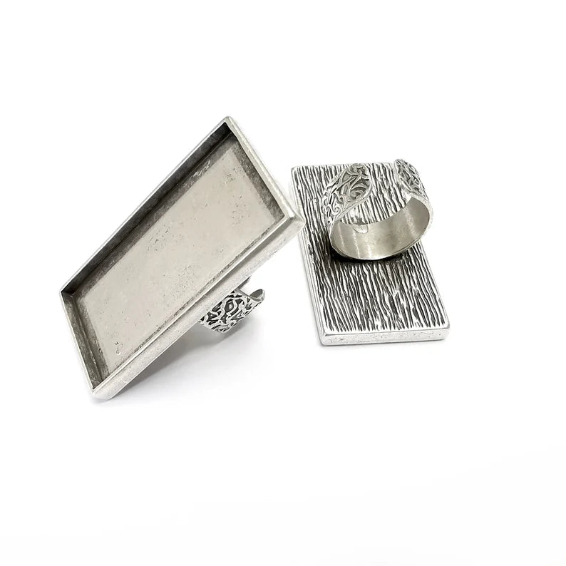 Rectangle Ring Blank Settings, Cabochon Mounting, Adjustable Antique Silver Resin Ring Base Bezel, Inlay Mosaic Epoxy (49x25mm) G34844