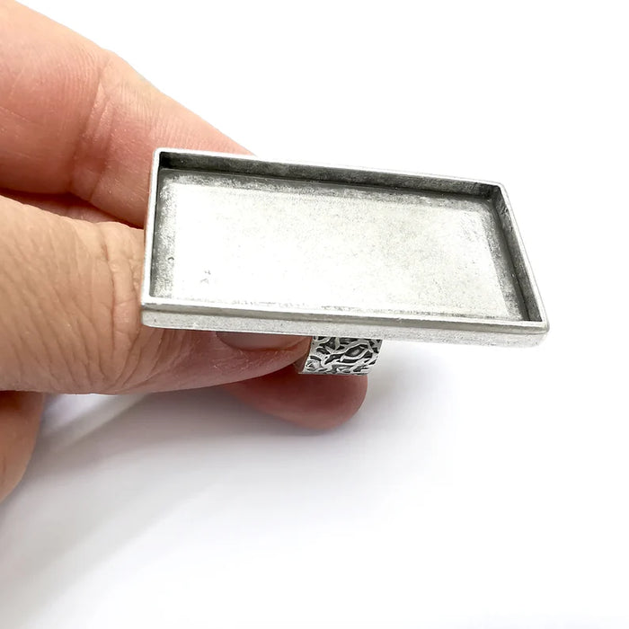 Rectangle Ring Blank Settings, Cabochon Mounting, Adjustable Antique Silver Resin Ring Base Bezel, Inlay Mosaic Epoxy (49x25mm) G34844