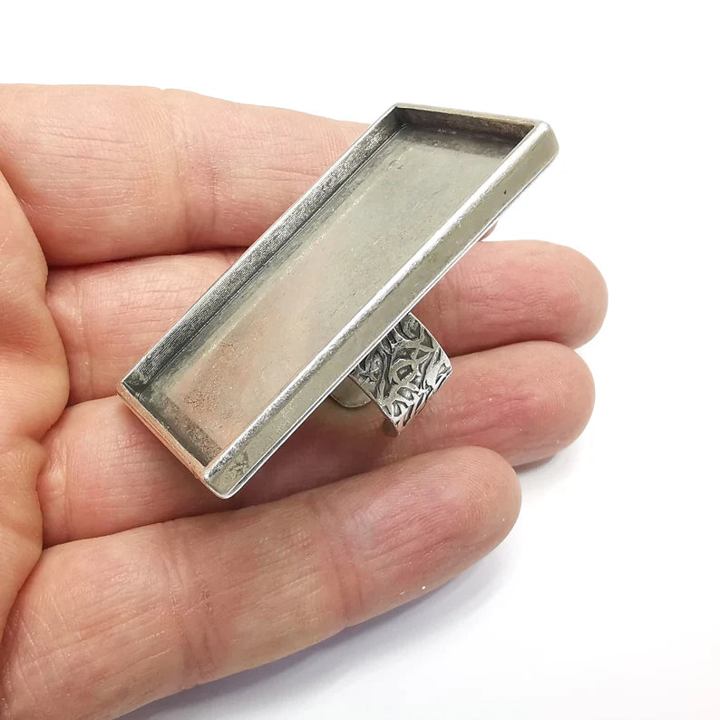 Rectangle Ring Blank Settings, Cabochon Mounting, Adjustable Antique Silver Resin Ring Base Bezel, Inlay Mosaic Epoxy (49x25mm) G34844