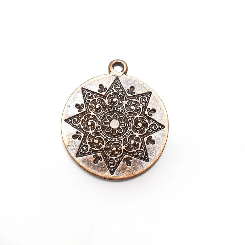 Flower Round Charms, Antique Copper Plated (38x32mm) G34750