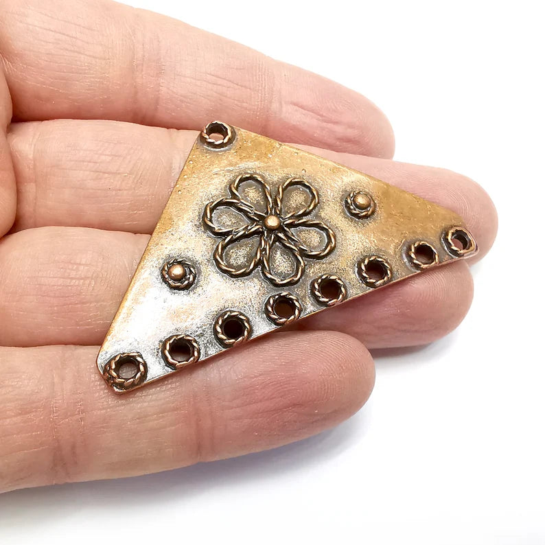 Flower Triangle Pendant , Connector Antique Copper Plated Dangle Charms (62x36mm) G34847