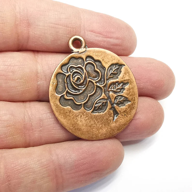 Rose , Flower Round Charms, Antique Copper Plated (40x33mm) G34849