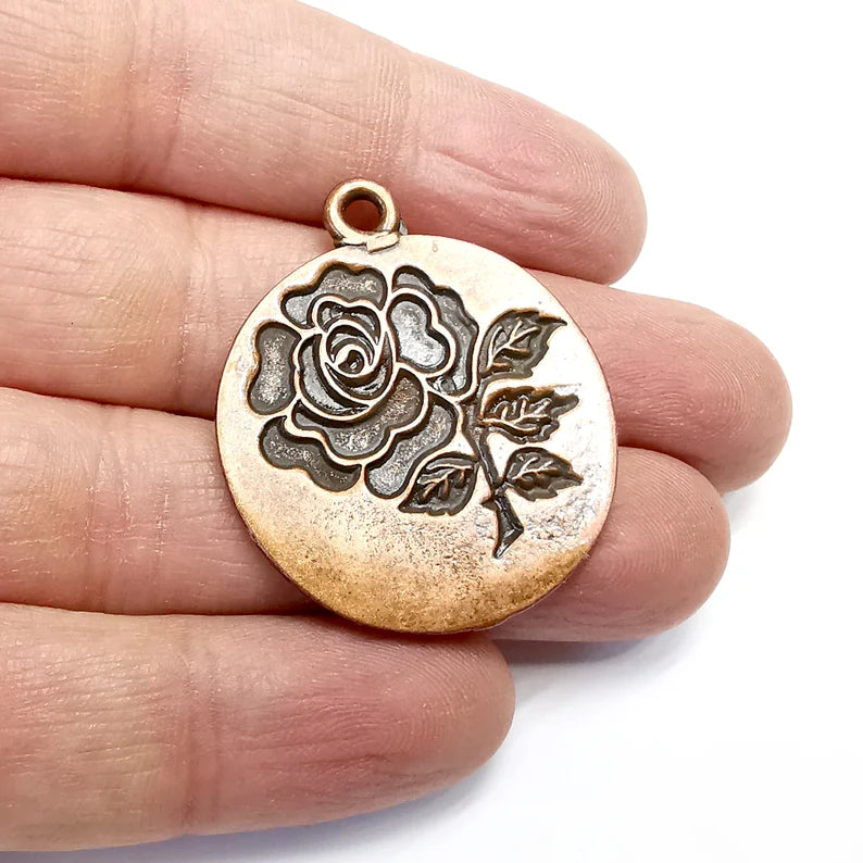 Rose , Flower Round Charms, Antique Copper Plated (40x33mm) G34849