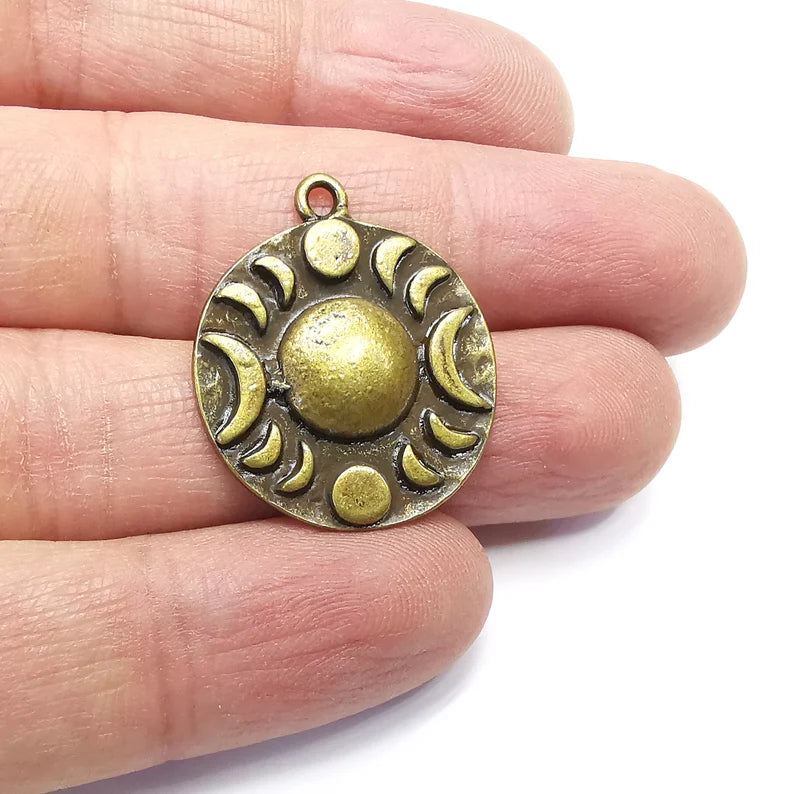 Crescent Moon Charms The Phases of The Moon, Round Disc Antique Bronze Plated (29x25mm) G34853