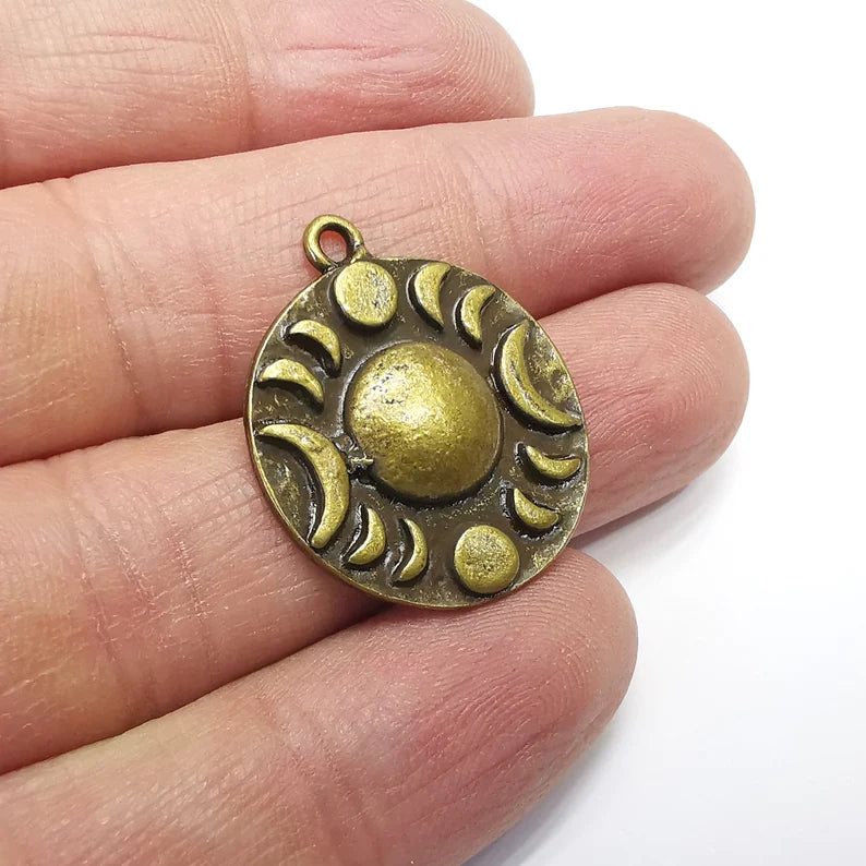 Crescent Moon Charms The Phases of The Moon, Round Disc Antique Bronze Plated (29x25mm) G34853