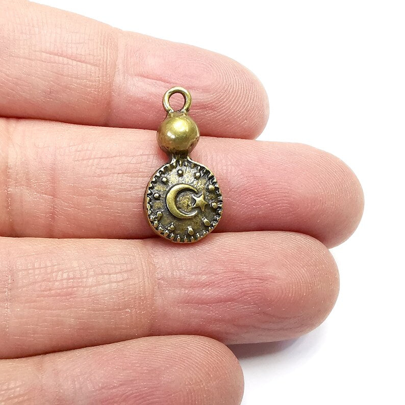 2 Moon and Star Charms, Dangle Charms, Crescent and Star charms, Antique Bronze Plated (23x11mm) G34854