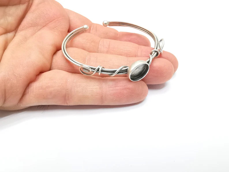Wire Wrapped Bracelet Bezel, Wrap Cuff Resin Blank, Wristband Base, Cabochon Mountings, Adjustable Antique Silver Plated Brass (12mm) G34863