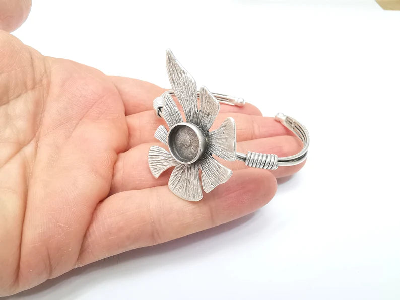 Leaf Wire Wrapped Bracelet, Bangle Bracelet Bezel, Cuff Resin Blank, Wristband Cabochon Base, Adjustable Antique Silver Brass (12mm) G34864