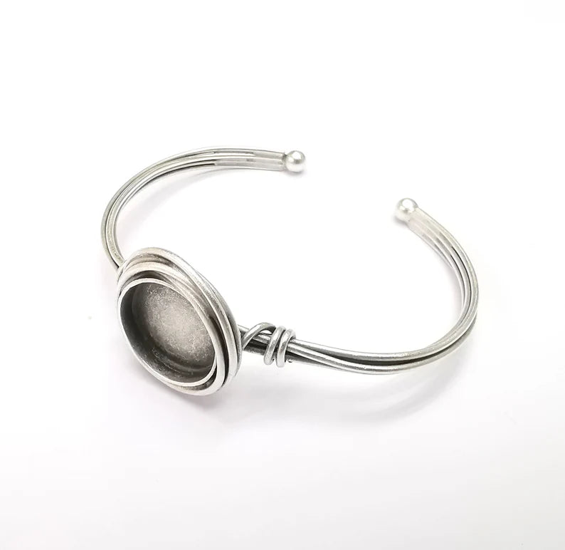 Wire Wrapped Bangle Bracelet, Wrap Cuff Resin Blank, Wristband Cabochon Base, inlay Bezel, Adjustable Antique Silver Brass (16mm) G34866