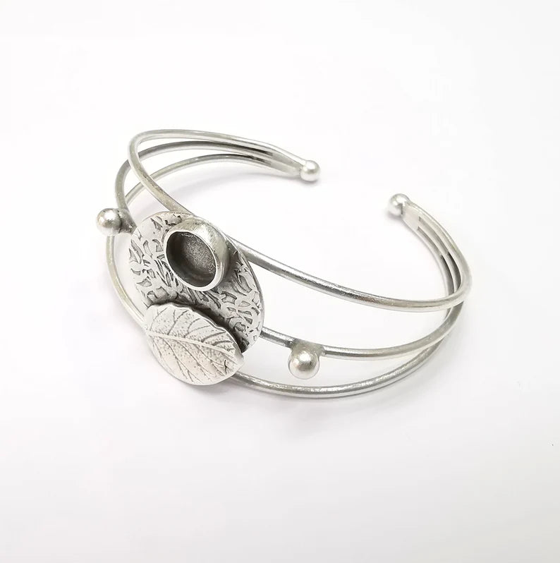 Leaf Wire Wrapped Bracelet, Bangle Bracelet Bezel, Cuff Resin Blank, Wristband Cabochon Base, Adjustable Antique Silver Brass (8mm) G34867