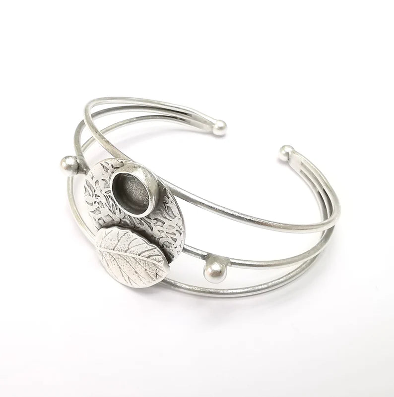 Leaf Wire Wrapped Bracelet, Bangle Bracelet Bezel, Cuff Resin Blank, Wristband Cabochon Base, Adjustable Antique Silver Brass (8mm) G34867