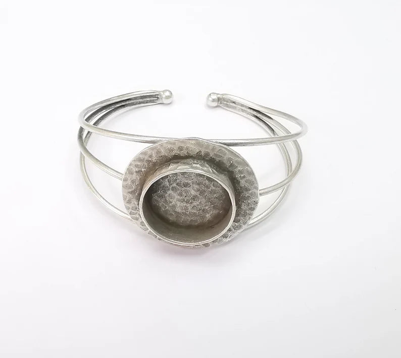 Round Wire Wrapped Bracelet, Bangle Bracelet Bezel, Cuff Resin Blank, Wristband Cabochon Base, Adjustable Antique Silver Brass (20mm) G34869