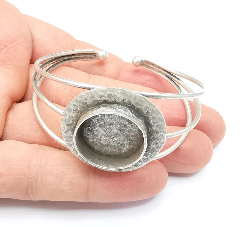 Round Wire Wrapped Bracelet, Bangle Bracelet Bezel, Cuff Resin Blank, Wristband Cabochon Base, Adjustable Antique Silver Brass (20mm) G34869