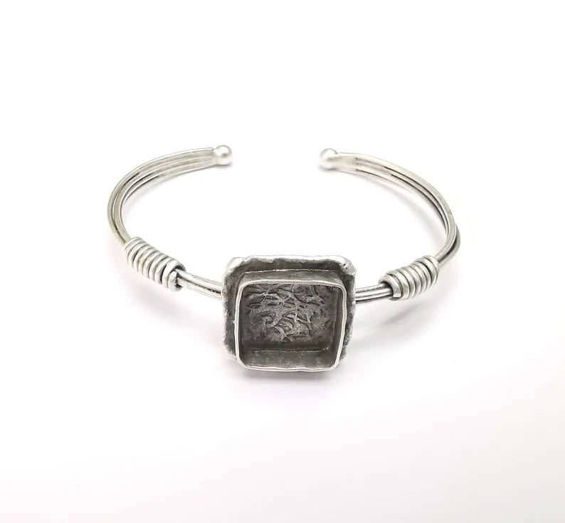 Wire Wrapped Bracelet, Bangle Bracelet Bezel, Wrap Cuff Resin Blank, Wristband Cabochon Base, Adjustable Antique Silver Brass (15mm) G34870