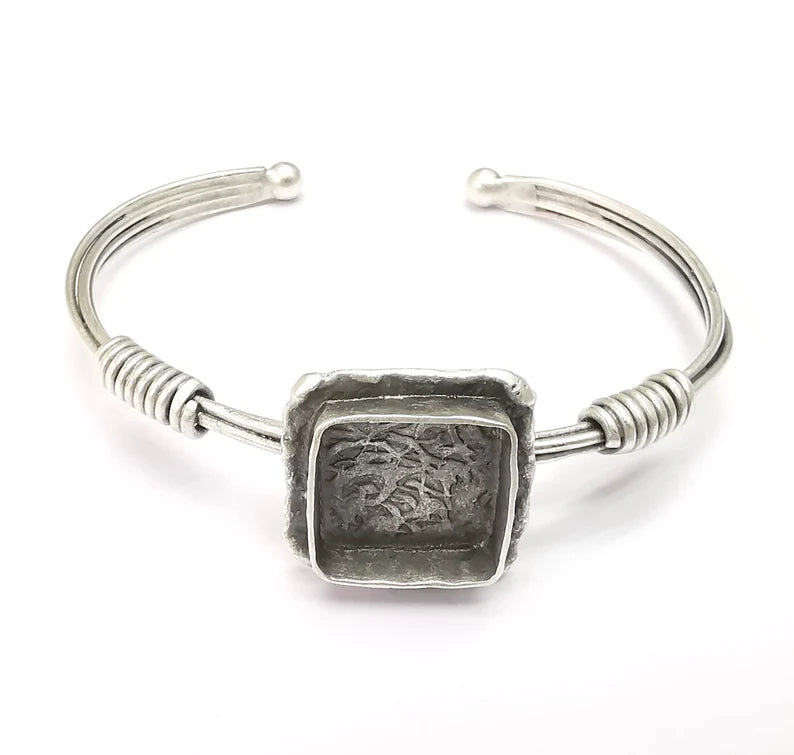 Wire Wrapped Bracelet, Bangle Bracelet Bezel, Wrap Cuff Resin Blank, Wristband Cabochon Base, Adjustable Antique Silver Brass (15mm) G34870