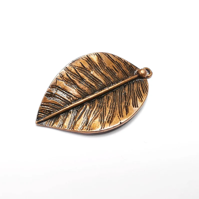 Leaf Charms, Long Leaf, Veined Leaf, Nature, Dewdrop Antique Copper Plated (48x28mm) G34876