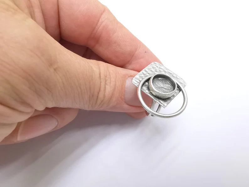 Round Ring Setting Resin Ring Blank Cabochon Mounting Adjustable Ring Base Bezel Antique Silver Plated Brass (10mm) G34779