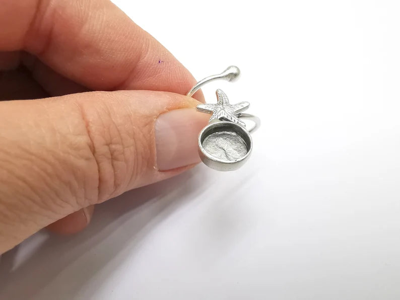 Starfish Ring Setting Resin Ring Blank Cabochon Mounting Adjustable Dried Flower Ring Base Bezel Antique Silver Plated Brass (10mm) G34782