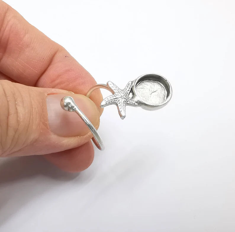 Starfish Ring Setting Resin Ring Blank Cabochon Mounting Adjustable Dried Flower Ring Base Bezel Antique Silver Plated Brass (10mm) G34782