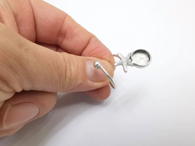 Starfish Ring Setting Resin Ring Blank Cabochon Mounting Adjustable Dried Flower Ring Base Bezel Antique Silver Plated Brass (10mm) G34782