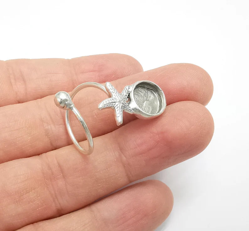 Starfish Ring Setting Resin Ring Blank Cabochon Mounting Adjustable Dried Flower Ring Base Bezel Antique Silver Plated Brass (10mm) G34782
