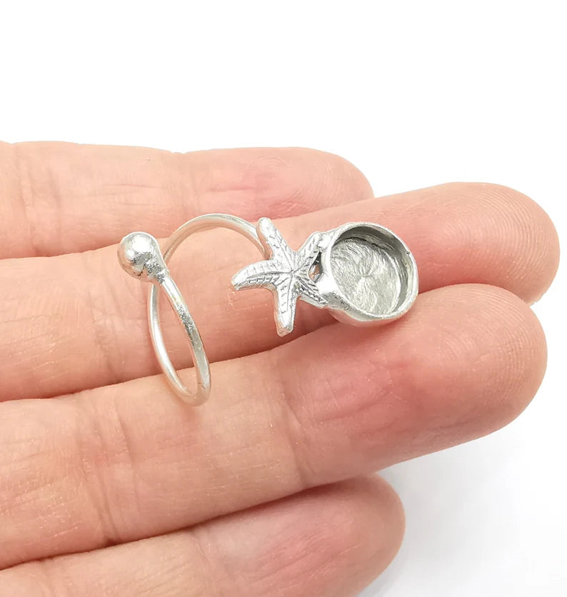 Starfish Ring Setting Resin Ring Blank Cabochon Mounting Adjustable Dried Flower Ring Base Bezel Antique Silver Plated Brass (10mm) G34782