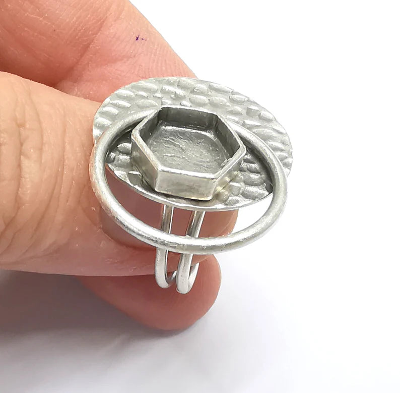 Hexagon Ring Setting Resin Ring Blank Cabochon Mounting Adjustable Ring Base Bezel Antique Silver Plated Brass (10mm) G34786