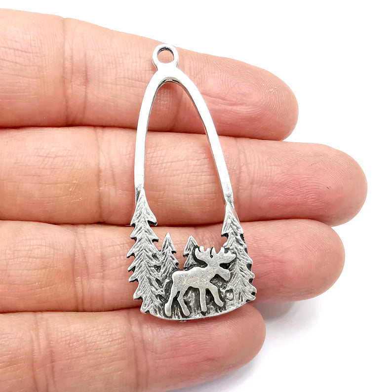 Moose Forest Charms, Antique Silver Plated Charms (54x24mm) G34795