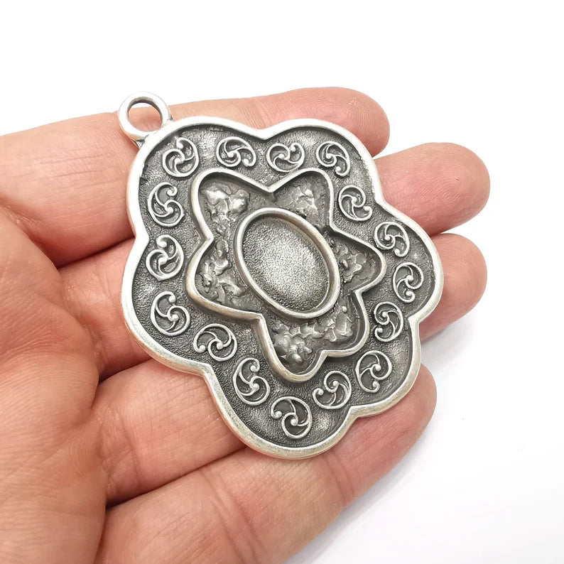 Flower Pendant Blanks, Resin Bezel, Cabochon Bases, Mosaic Mountings, Dry flower Frame, Polymer Clay, Antique Silver Brass (18x13mm) G34798