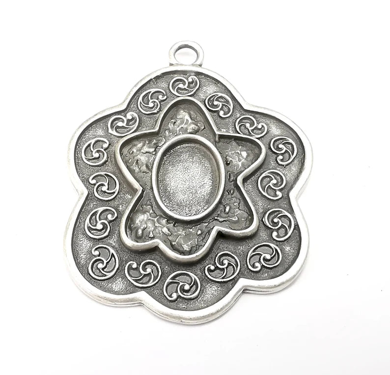 Flower Pendant Blanks, Resin Bezel, Cabochon Bases, Mosaic Mountings, Dry flower Frame, Polymer Clay, Antique Silver Brass (18x13mm) G34798