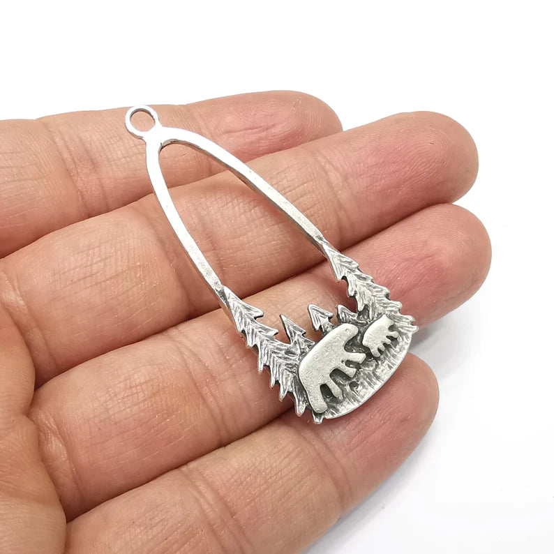 Polar Bear Charms, Bear Forest Charms, Antique Silver Plated Charms (54x24mm) G34799