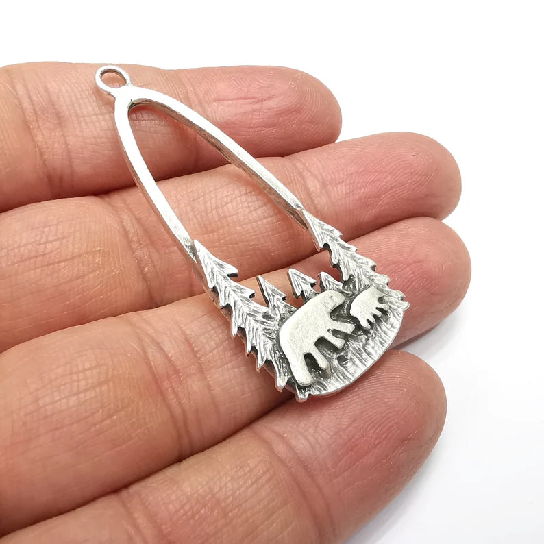 Polar Bear Charms, Bear Forest Charms, Antique Silver Plated Charms (54x24mm) G34799