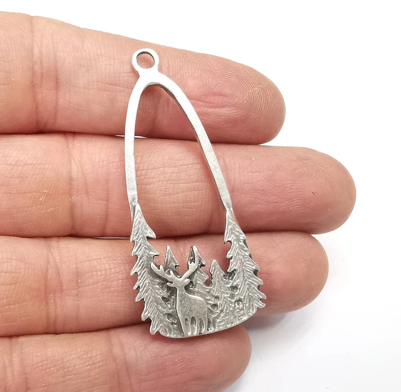 Deer Charms, Forest Charms, Antique Silver Plated Charms (54x24mm) G34806